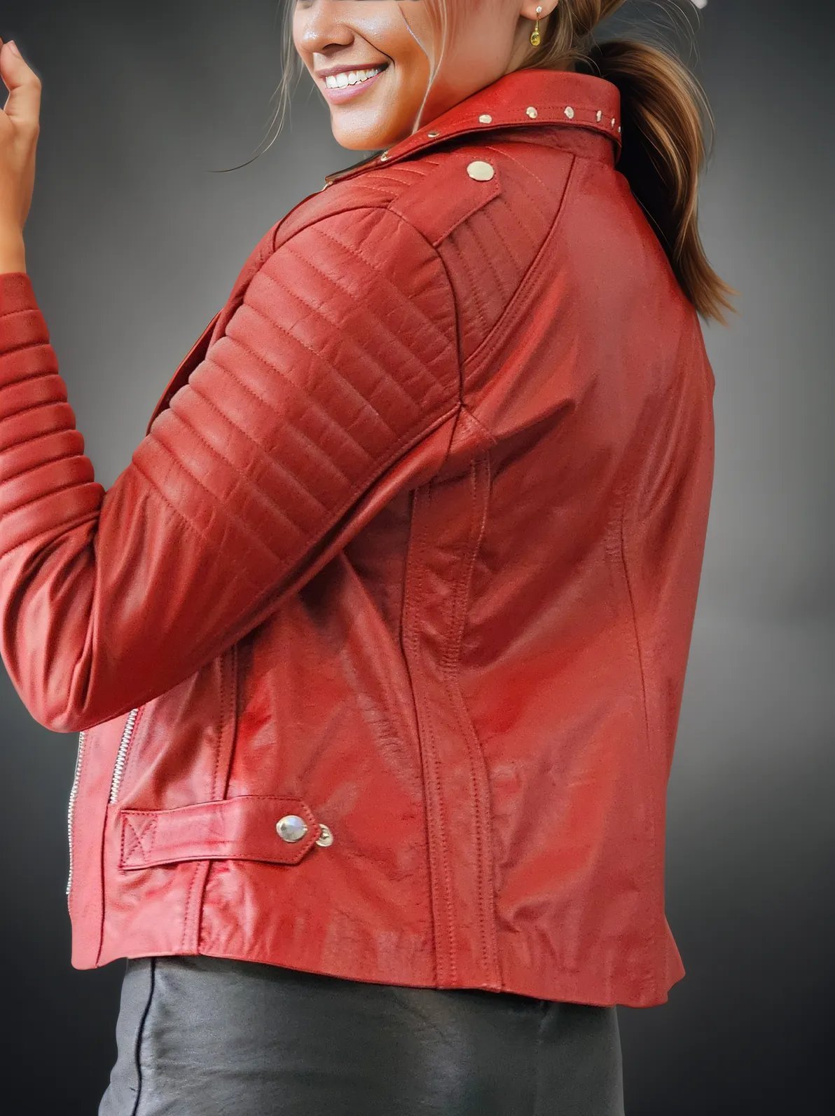 Handcrafted Women's Sheepskin Leather Biker Jacket – Premium Biker Style Red - Tenku Designs