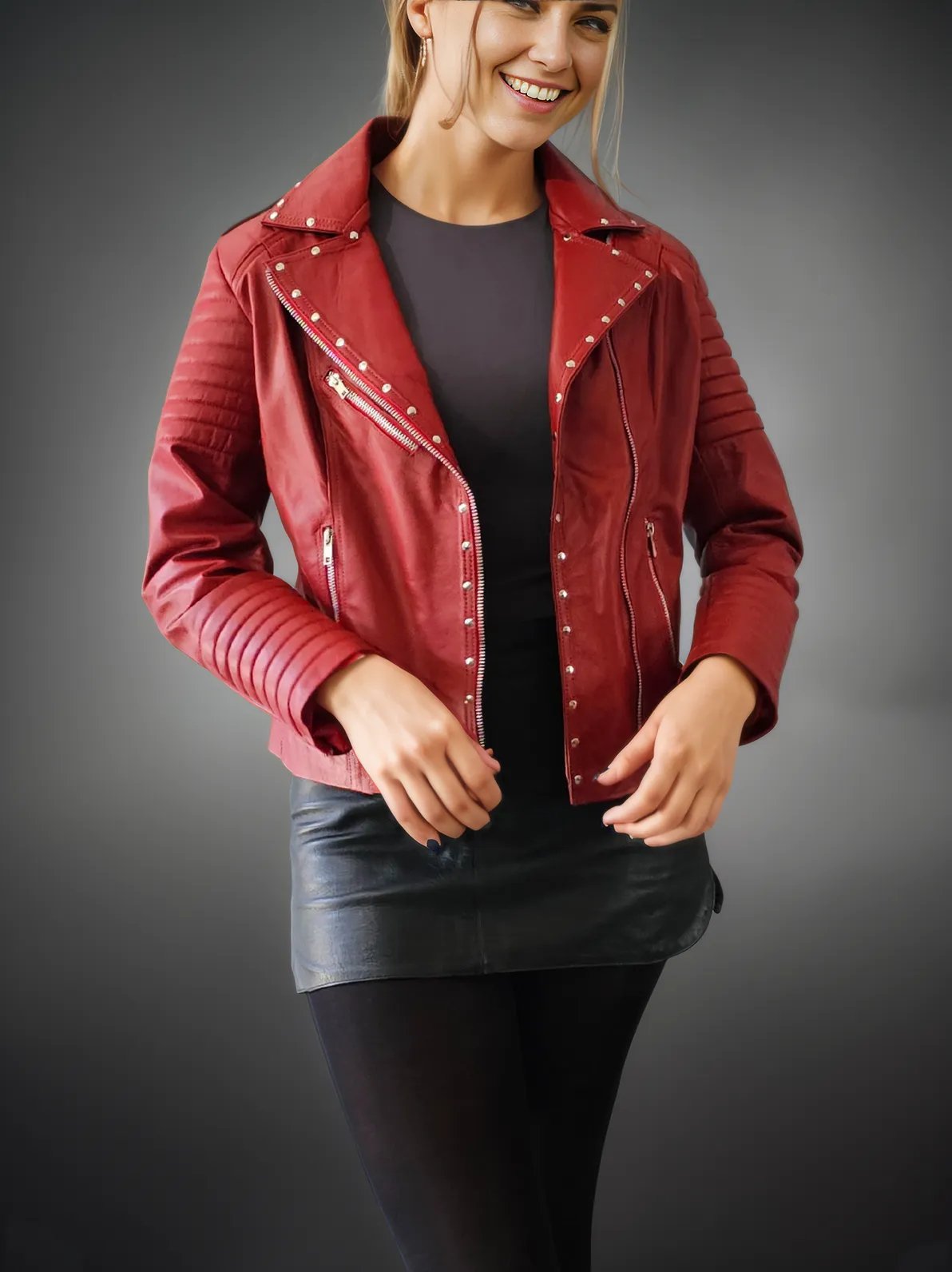 Handcrafted Women's Sheepskin Leather Biker Jacket – Premium Biker Style Red - Tenku Designs