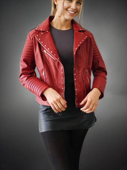 Handcrafted Women's Sheepskin Leather Biker Jacket – Premium Biker Style Red - Tenku Designs