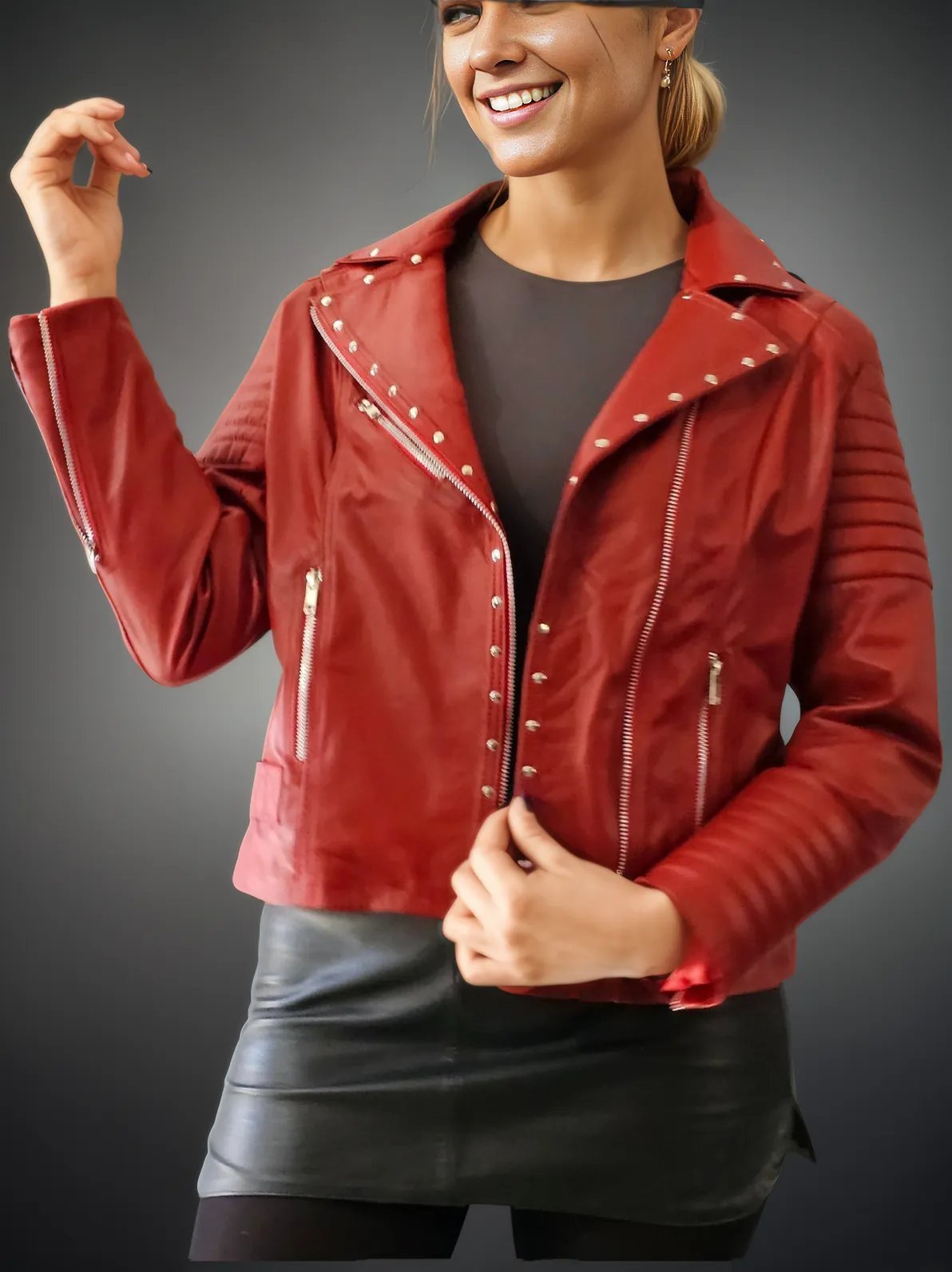 Handcrafted Women's Sheepskin Leather Biker Jacket – Premium Biker Style Red - Tenku Designs