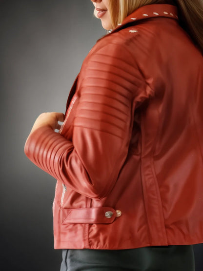 Handcrafted Women's Sheepskin Leather Biker Jacket – Premium Biker Style Red - Tenku Designs