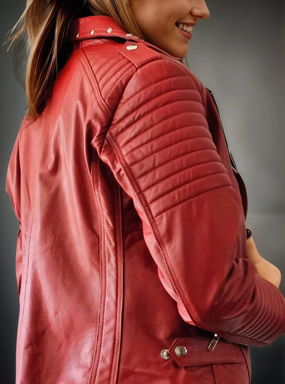 Handcrafted Women's Sheepskin Leather Biker Jacket – Premium Biker Style Red - Tenku Designs