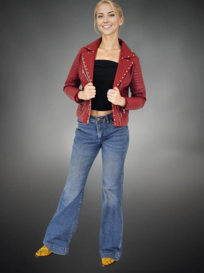 Handcrafted Women's Sheepskin Leather Biker Jacket – Premium Biker Style Red - Tenku Designs