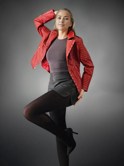 Handcrafted Women's Sheepskin Leather Biker Jacket – Premium Biker Style Red - Tenku Designs