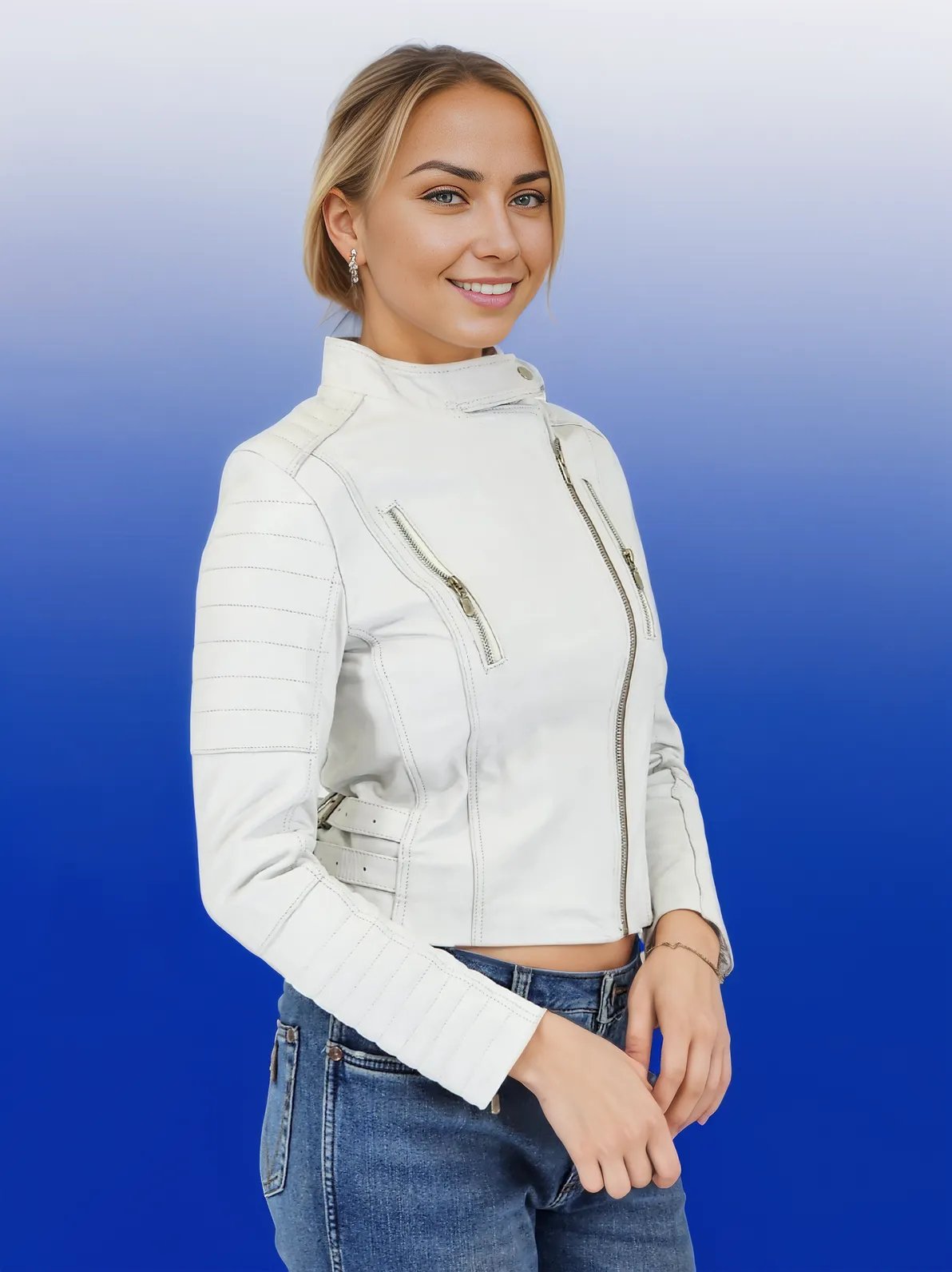 Handcrafted Women's Sheepskin Leather Biker Jacket – Premium Biker Style White - Tenku Designs