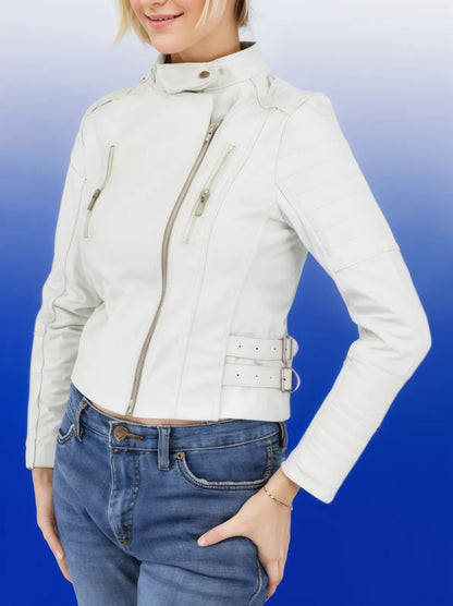 Handcrafted Women's Sheepskin Leather Biker Jacket – Premium Biker Style White - Tenku Designs