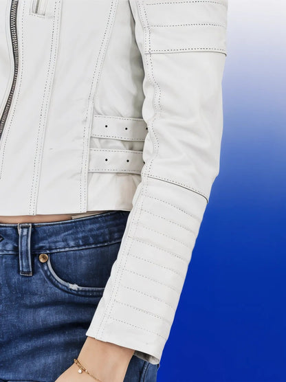 Handcrafted Women's Sheepskin Leather Biker Jacket – Premium Biker Style White - Tenku Designs