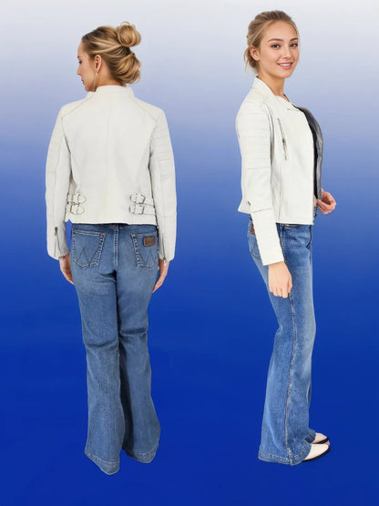 Handcrafted Women's Sheepskin Leather Biker Jacket – Premium Biker Style White - Tenku Designs