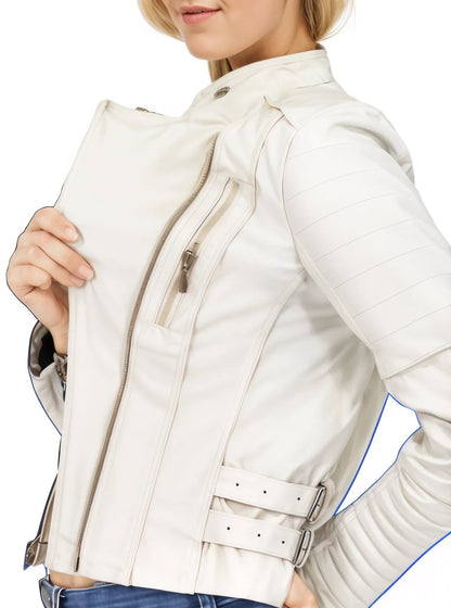 Handcrafted Women's Sheepskin Leather Biker Jacket – Premium Biker Style White - Tenku Designs