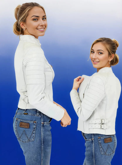 Handcrafted Women's Sheepskin Leather Biker Jacket – Premium Biker Style White - Tenku Designs