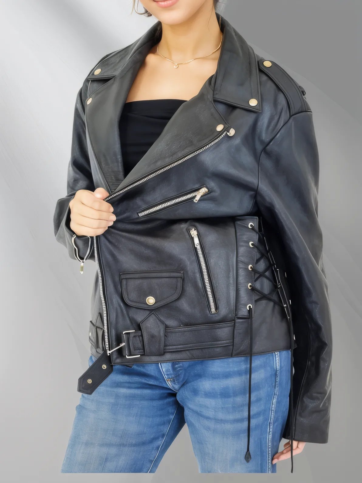 Handcrafted Women's Sheepskin Leather Biker Jacket – Premium Style Black - Tenku Designs