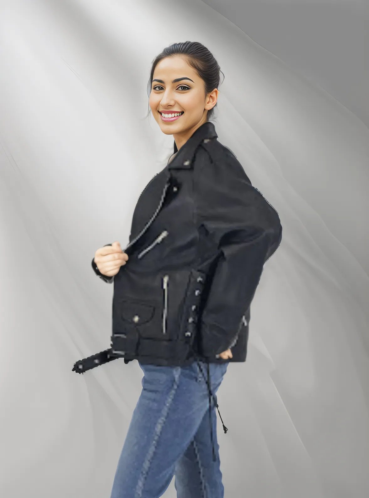 Handcrafted Women's Sheepskin Leather Biker Jacket – Premium Style Black - Tenku Designs