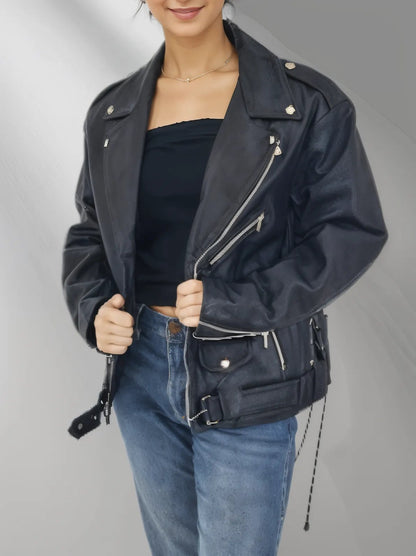 Handcrafted Women's Sheepskin Leather Biker Jacket – Premium Style Black - Tenku Designs