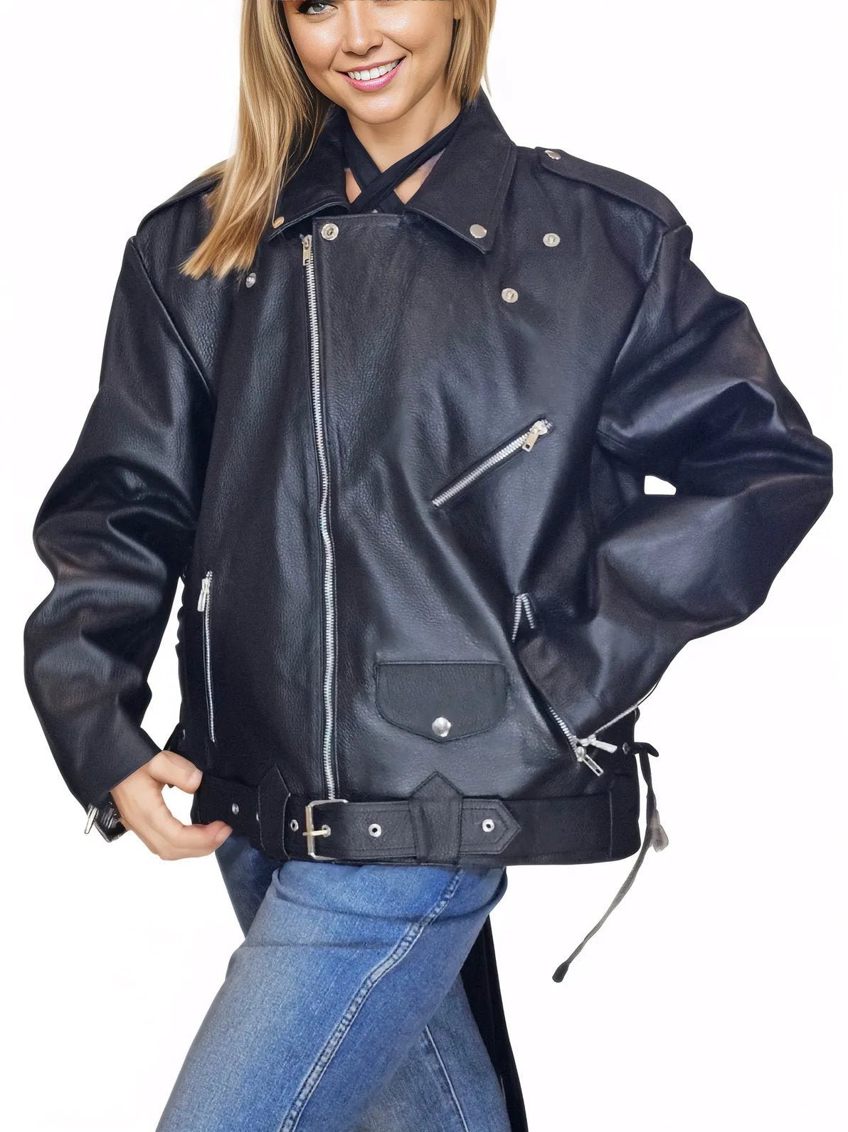 Handcrafted Women's Sheepskin Leather Biker Jacket – Premium Style Black - Tenku Designs