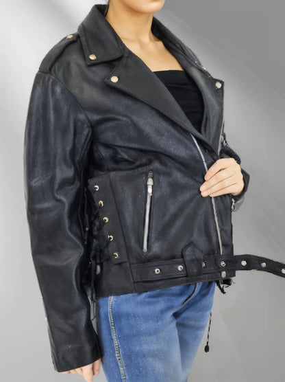 Handcrafted Women's Sheepskin Leather Biker Jacket – Premium Style Black - Tenku Designs