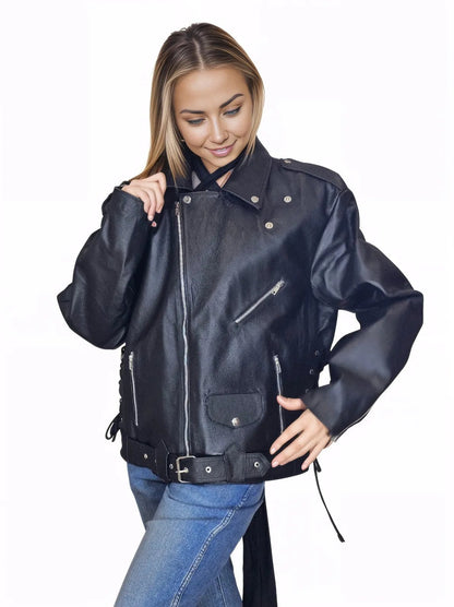 Handcrafted Women's Sheepskin Leather Biker Jacket – Premium Style Black - Tenku Designs