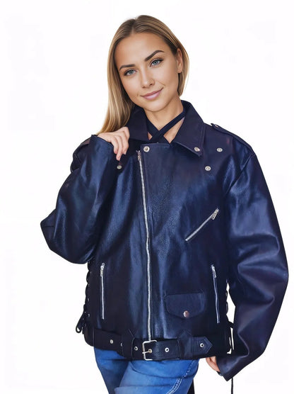 Handcrafted Women's Sheepskin Leather Biker Jacket – Premium Style Black - Tenku Designs