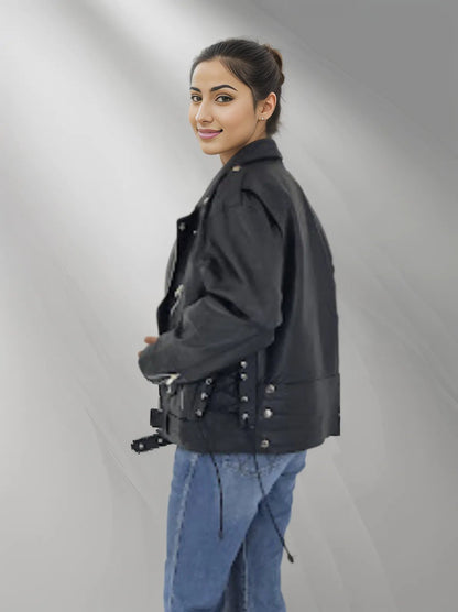Handcrafted Women's Sheepskin Leather Biker Jacket – Premium Style Black - Tenku Designs