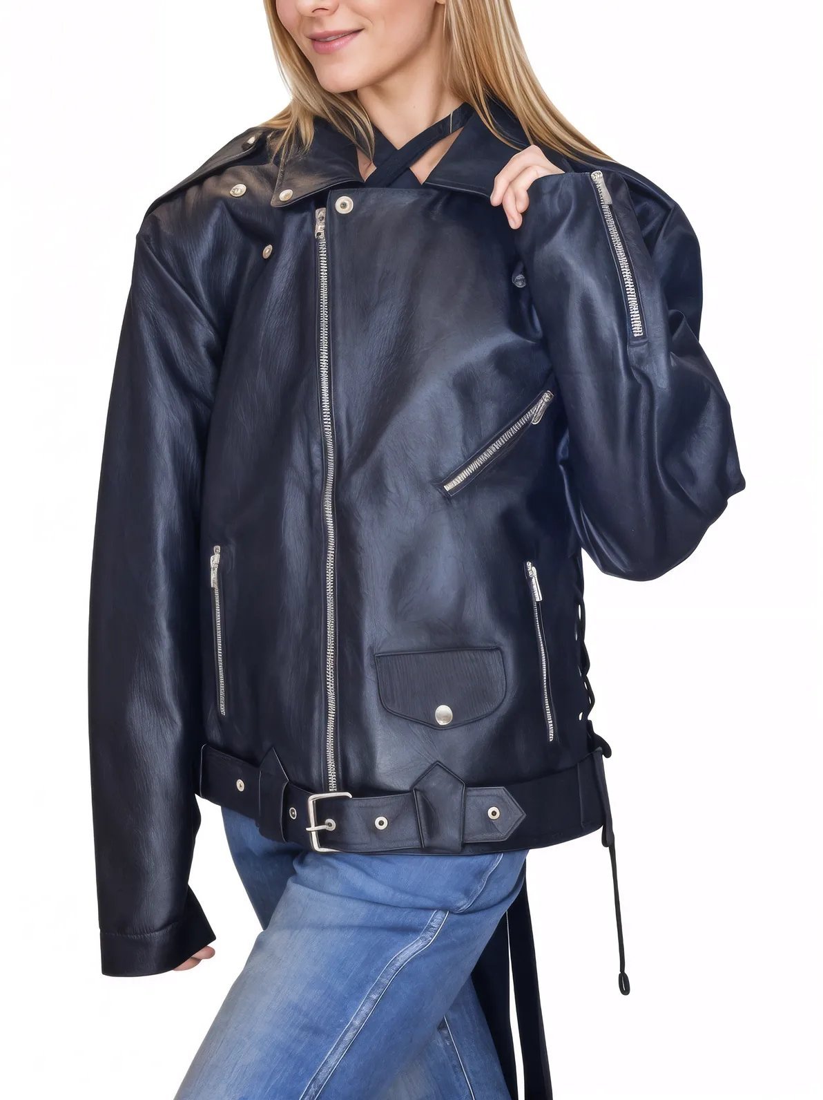 Handcrafted Women's Sheepskin Leather Biker Jacket – Premium Style Black - Tenku Designs