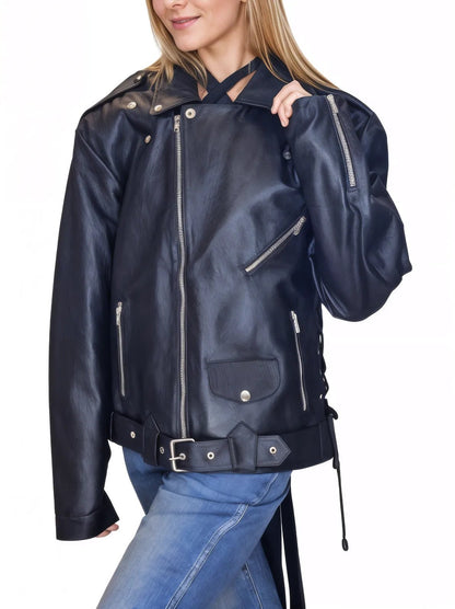 Handcrafted Women's Sheepskin Leather Biker Jacket – Premium Style Black - Tenku Designs