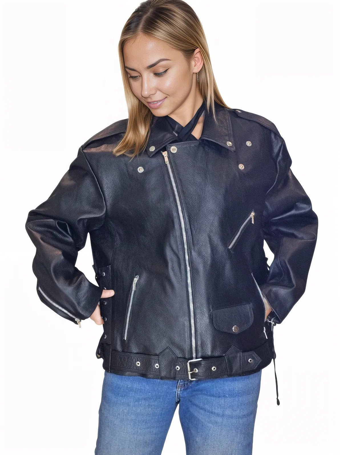 Handcrafted Women's Sheepskin Leather Biker Jacket – Premium Style Black - Tenku Designs