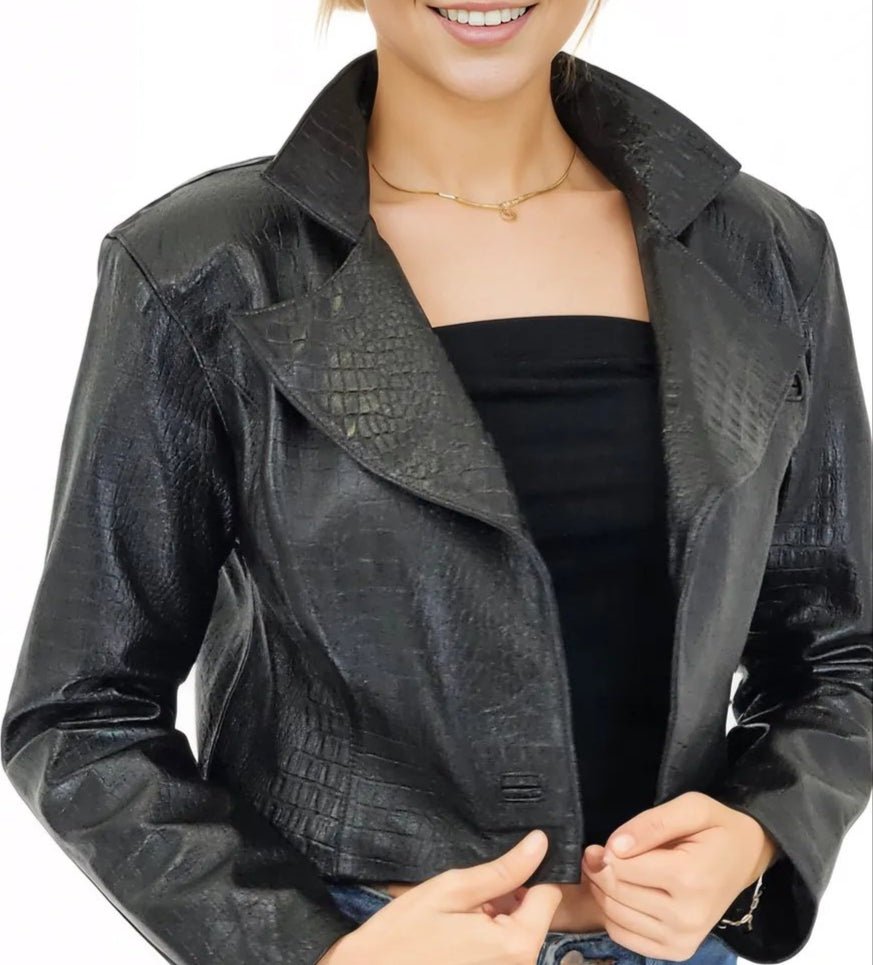 Handcrafted Women's Sheepskin Leather Jacket – Cropped Black Crocodile - Tenku Designs