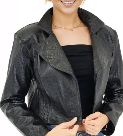 Handcrafted Women's Sheepskin Leather Jacket – Cropped Black Crocodile - Tenku Designs