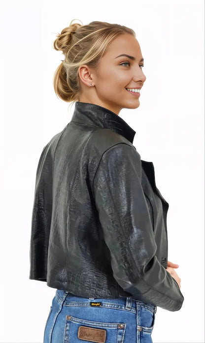 Handcrafted Women's Sheepskin Leather Jacket – Cropped Black Crocodile - Tenku Designs