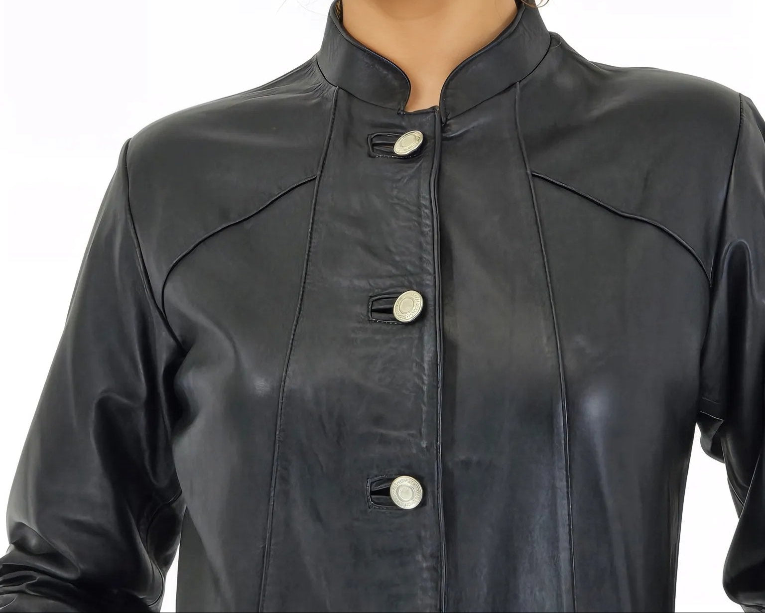 Handcrafted Women's Sheepskin Leather Jacket – Elegant Longline Coat Navy Blue - Tenku Designs