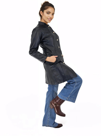 Handcrafted Women's Sheepskin Leather Jacket – Elegant Longline Coat Navy Blue - Tenku Designs