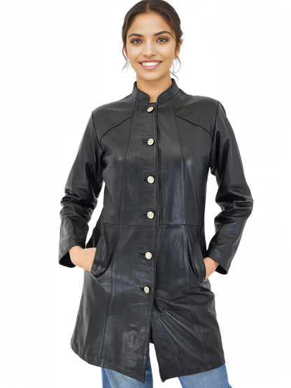 Handcrafted Women's Sheepskin Leather Jacket – Elegant Longline Coat Navy Blue - Tenku Designs