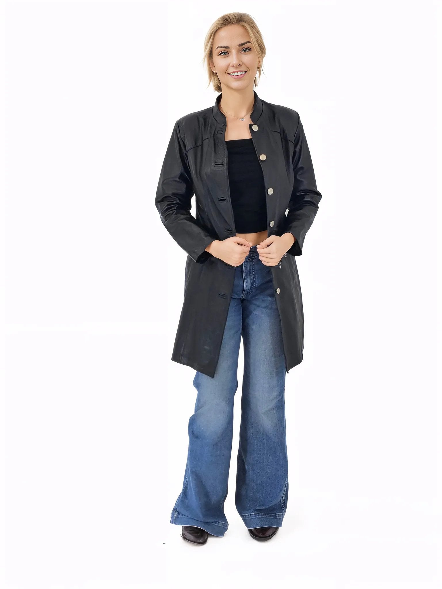 Handcrafted Women's Sheepskin Leather Jacket – Elegant Longline Coat Navy Blue - Tenku Designs