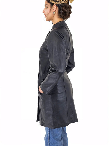 Handcrafted Women's Sheepskin Leather Jacket – Elegant Longline Coat Navy Blue - Tenku Designs