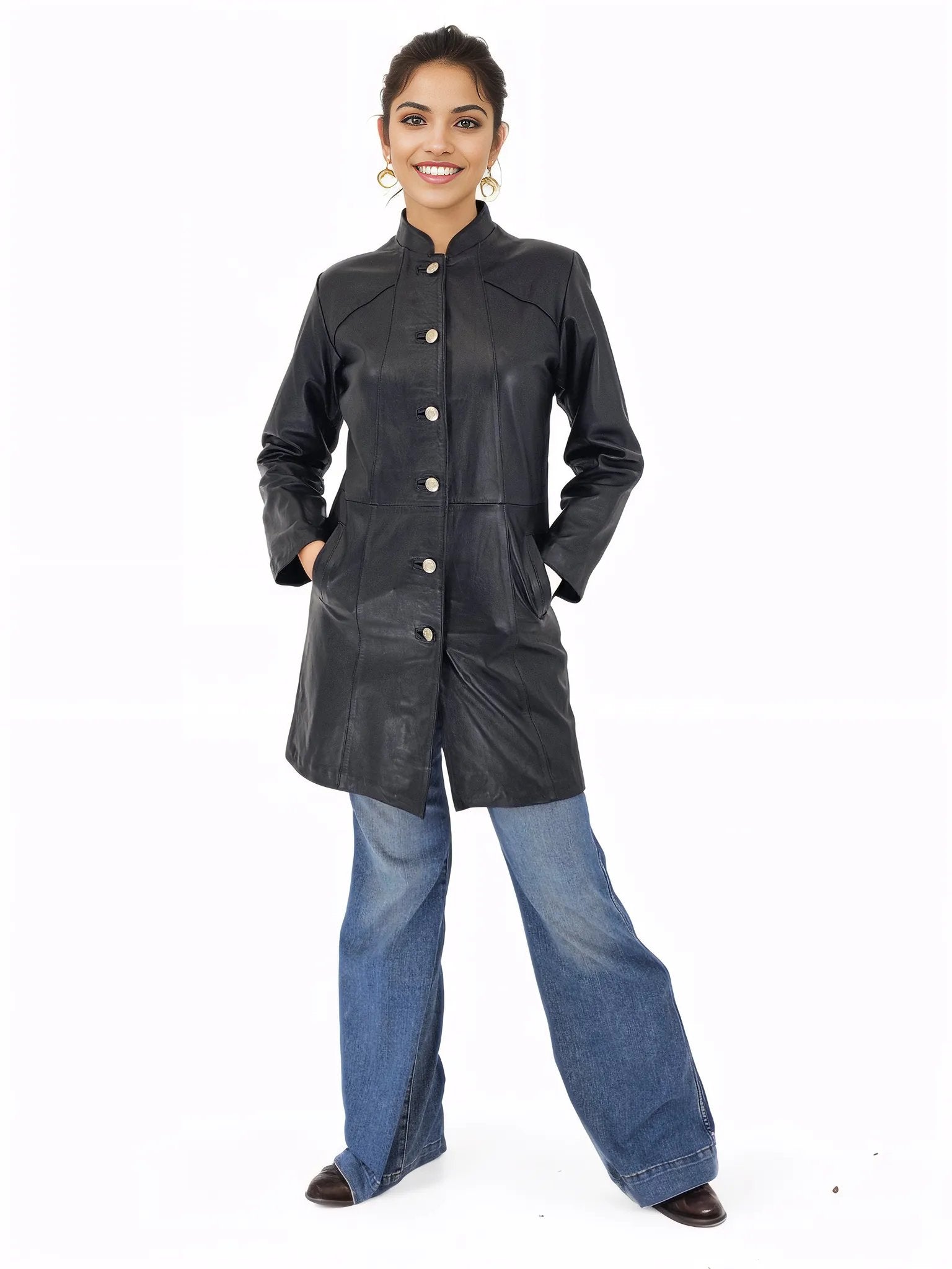 Handcrafted Women's Sheepskin Leather Jacket – Elegant Longline Coat Navy Blue - Tenku Designs