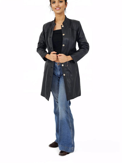 Handcrafted Women's Sheepskin Leather Jacket – Elegant Longline Coat Navy Blue - Tenku Designs