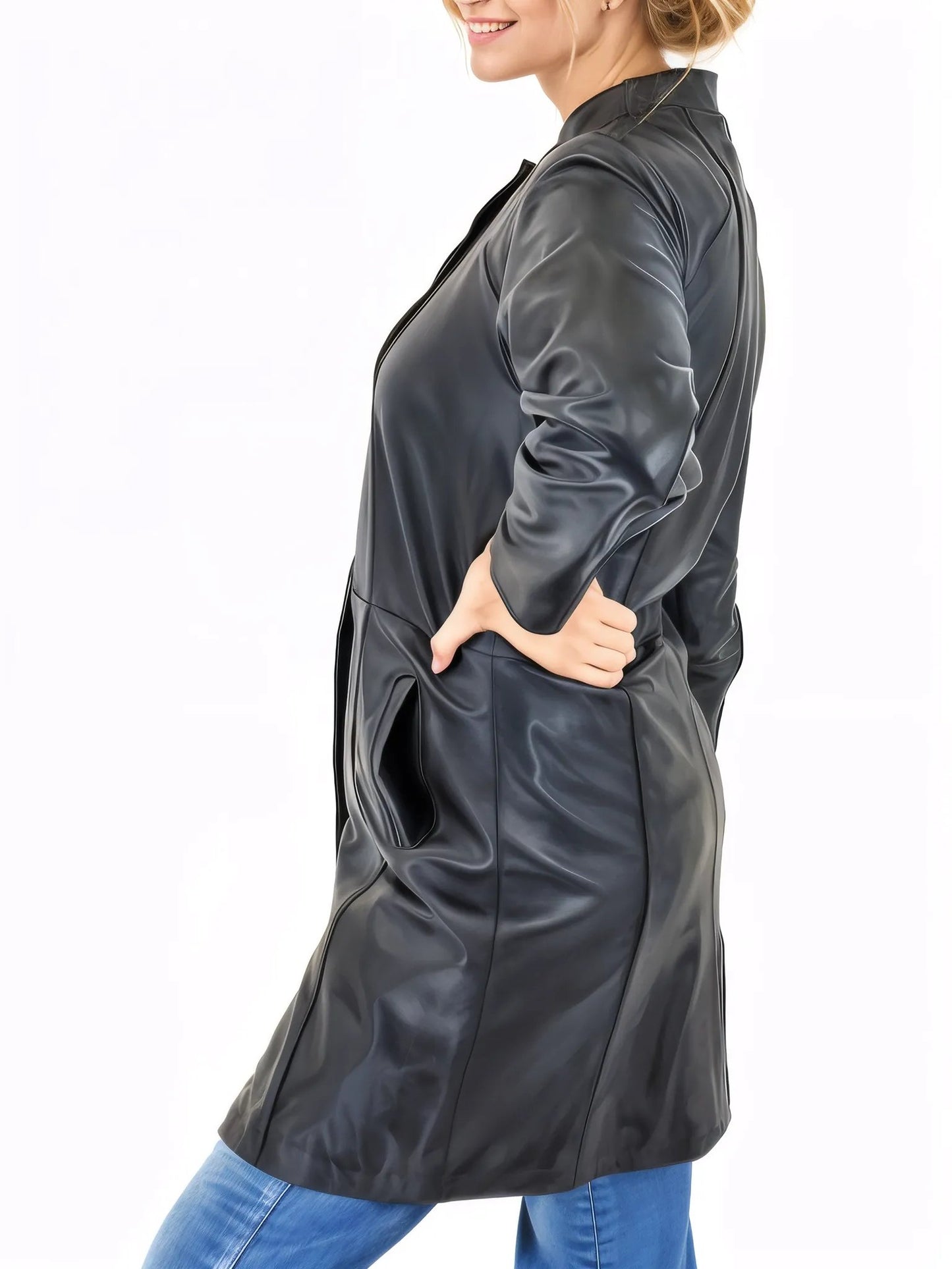 Handcrafted Women's Sheepskin Leather Jacket – Elegant Longline Coat Navy Blue - Tenku Designs