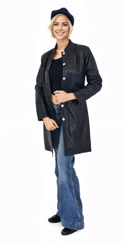 Handcrafted Women's Sheepskin Leather Jacket – Elegant Longline Coat Navy Blue - Tenku Designs