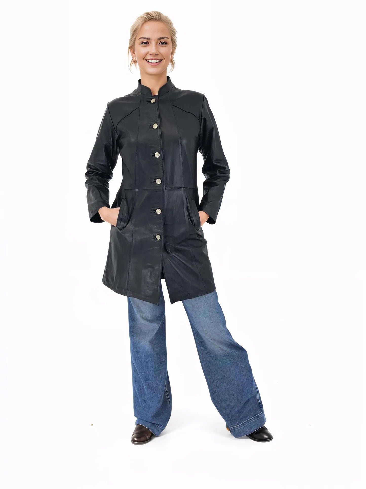Handcrafted Women's Sheepskin Leather Jacket – Elegant Longline Coat Navy Blue - Tenku Designs