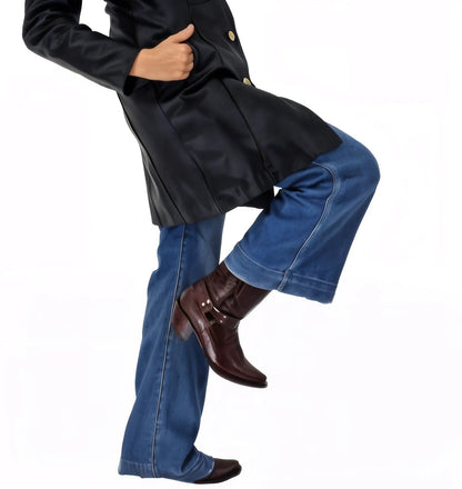 Handcrafted Women's Sheepskin Leather Jacket – Elegant Longline Coat Navy Blue - Tenku Designs