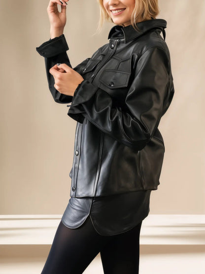 Handcrafted Women's Sheepskin Leather Shirt – Western - Style Black Button - Up - Tenku Designs