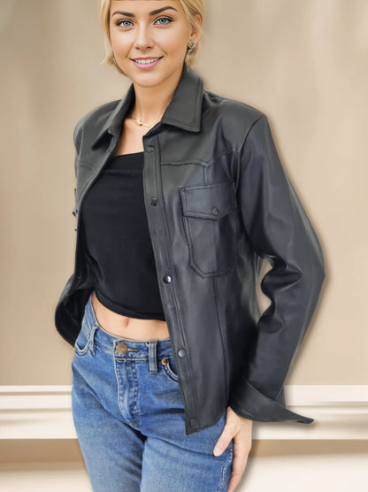 Handcrafted Women's Sheepskin Leather Shirt – Western - Style Black Button - Up - Tenku Designs