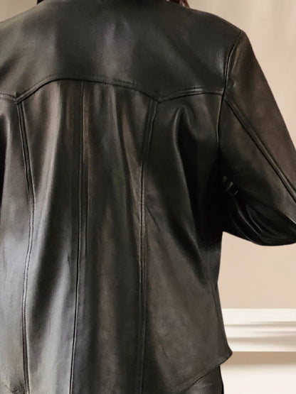 Handcrafted Women's Sheepskin Leather Shirt – Western - Style Black Button - Up - Tenku Designs