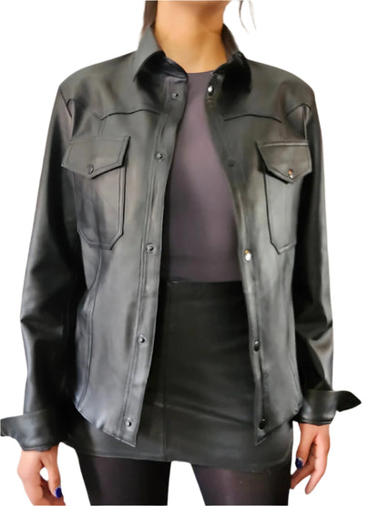 Handcrafted Women's Sheepskin Leather Shirt – Western - Style Black Button - Up - Tenku Designs