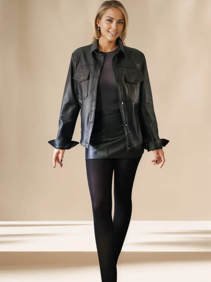 Handcrafted Women's Sheepskin Leather Shirt – Western - Style Black Button - Up - Tenku Designs