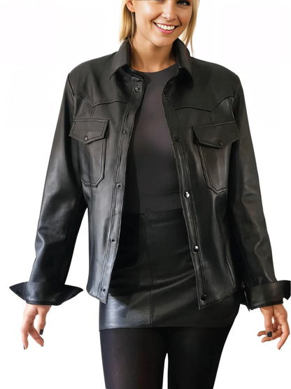 Handcrafted Women's Sheepskin Leather Shirt – Western - Style Black Button - Up - Tenku Designs