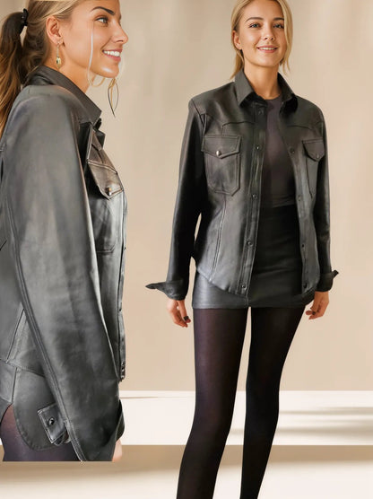 Handcrafted Women's Sheepskin Leather Shirt – Western - Style Black Button - Up - Tenku Designs
