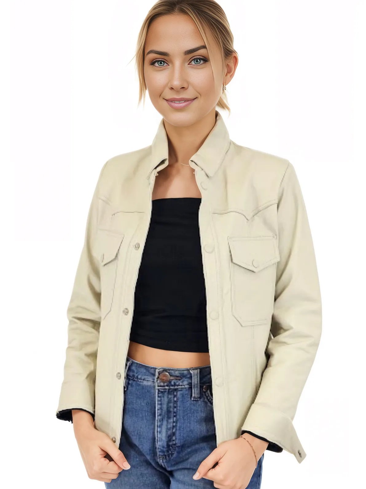 Handcrafted Women's Sheepskin Leather Shirt – Western - Style Bone Button - Up - Tenku Designs