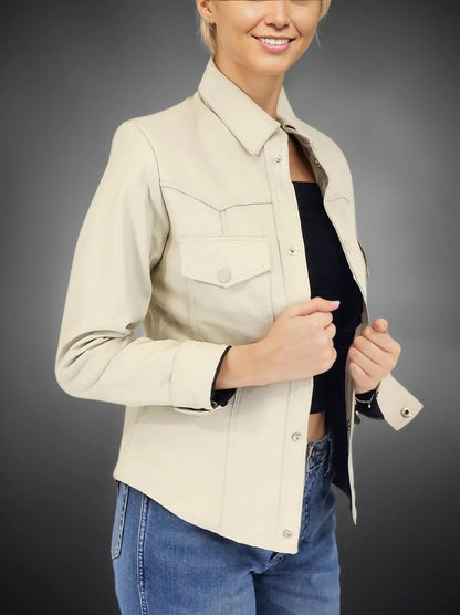 Handcrafted Women's Sheepskin Leather Shirt – Western - Style Bone Button - Up - Tenku Designs