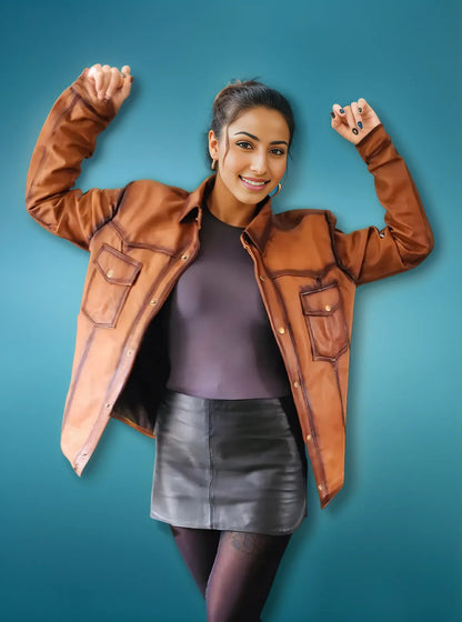 Handcrafted Women's Sheepskin Leather Shirt – Western - Style Vintage Honey Button - Up - Tenku Designs