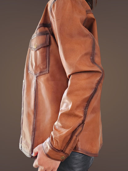 Handcrafted Women's Sheepskin Leather Shirt – Western - Style Vintage Honey Button - Up - Tenku Designs